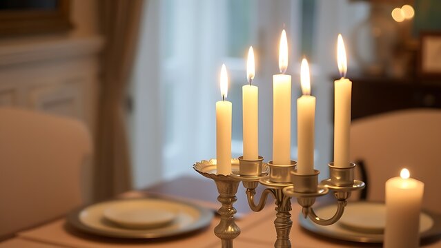 sabbath. Lit Sabbath candles on silver candlestick, soft glow on dining table. event programs, museum guides, designed for cultural heritage projects and event programs.