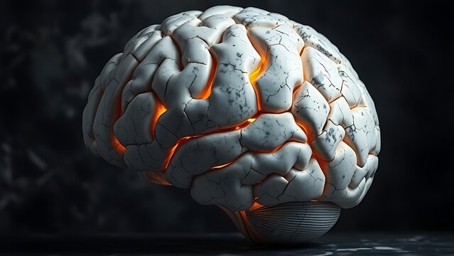 psychological. A cracked marble brain sculpture with fading internal light on a dark background. wellbeing guides, coaching materials, designed for coaching and self-improvement content.