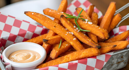 Crispy golden sweet potato fries seasoned with sea salt and fresh rosemary served with a creamy dipping sauce, perfect for a gourmet snack