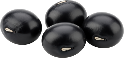 Four shiny black beans are clustered together showcasing their smooth surfaces and distinctive hilum markings isolate legume food healthy ingredient protein
