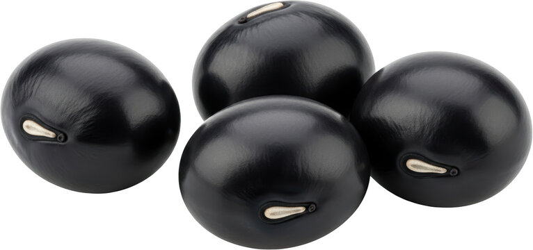 Four shiny black beans are clustered together showcasing their smooth surfaces and distinctive hilum markings isolate legume food healthy ingredient protein