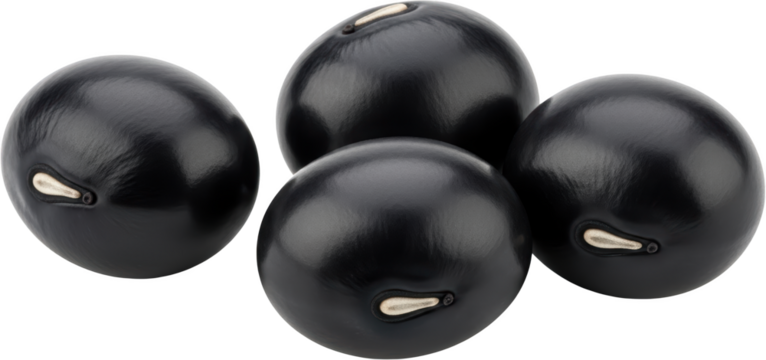 Four shiny black beans are clustered together showcasing their smooth surfaces and distinctive hilum markings isolate legume food healthy ingredient protein