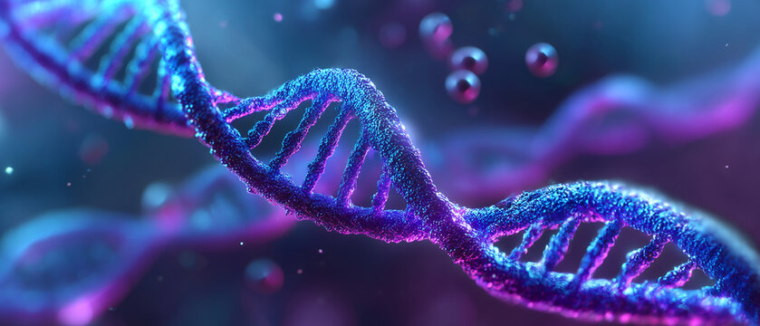 3D Illustration of Glowing Blue and Purple DNA Double Helix Structure with Floating Molecules