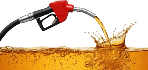 Red fuel nozzle dispensing golden liquid into a bubbling amber liquid creating a dynamic splash Isolation for Energy Gasoline Petrol Oil Refueling Filling