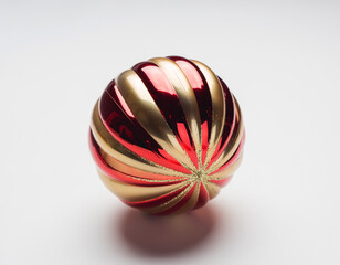 Fototapeta premium Single shiny red and gold Christmas ornament on a white background. 