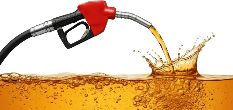 Red fuel nozzle dispensing golden liquid into a bubbling amber liquid creating a dynamic splash Isolation for Energy Gasoline Petrol Oil Refueling Filling