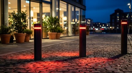 Red illuminated safety bollards lighting a cobblestone path in a modern urban landscape at night