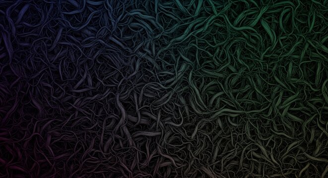 Dense tangle of dark wormlike organic forms with a purpleblue to green color gradient