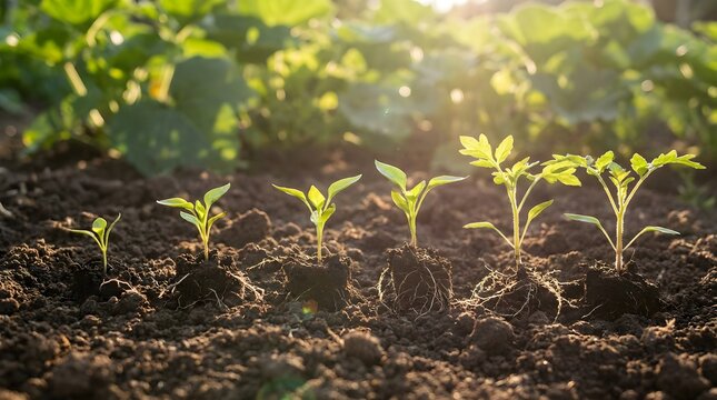 Progression of a young plant from seedling to sprout in a sunlit garden, symbolizing growth and new life