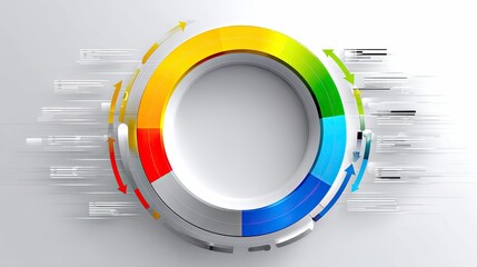 A 3D render of a colorful circular infographic with arrows and abstract data streams, set against a clean white background.