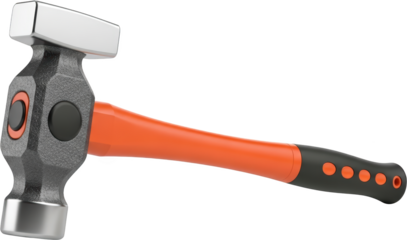 A heavy duty brick hammer with a textured gray head and a bright orange and black rubberized handle isolate tool construction masons hammer demolition