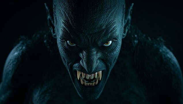 Intense Stare of a Creature with Sharp Features and Textured Skin, Dark Background. - Powered by Adobe