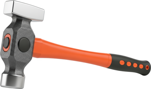 A heavy duty brick hammer with a textured gray head and a bright orange and black rubberized handle isolate tool construction masons hammer demolition
