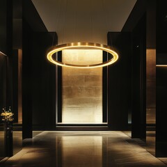 The interior showcases a gleaming ring lit softly by diffused golden reflections.