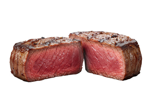 Medium-rare beef steak, torn, crimson interior, seared char, rising steam, demi-glace, transparent background with bokeh, appetizing culinary perfection concept