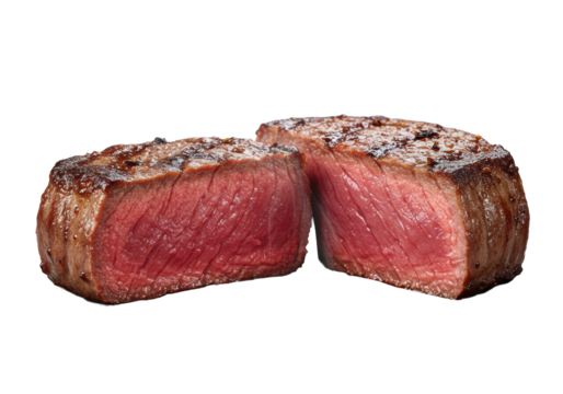 Medium-rare beef steak, torn, crimson interior, seared char, rising steam, demi-glace, transparent background with bokeh, appetizing culinary perfection concept