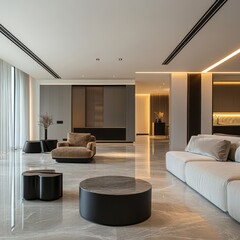 The sophisticated ambience blends minimalism with modern high-end interior design