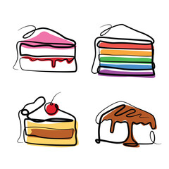 Set of Cake Slices one line drawing. Set of Cake Slices single line illustration. Set of Cake Slices minimalist line art. Set of Cake Slices vector art