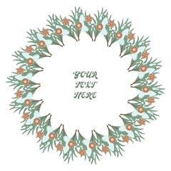 Decorative botanical wreath composed of green leaves, white flowers. Elegant and customizable design for invitations, greeting cards, or seasonal decor. Vector illustration