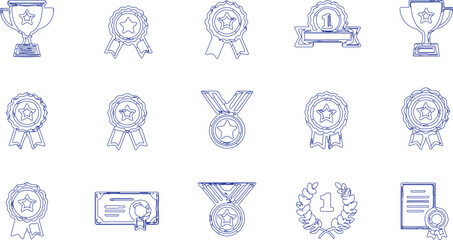 Naklejka premium collection of blue monochrome sketches representing various awards, each symbolizing achievement and recognition. Here’s a breakdown of the elements: