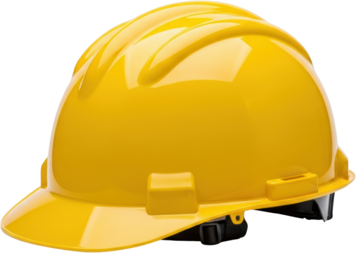 A Bright Yellow Hard Hat With A Ribbed Crown And Adjustable Chin Strap Isolated On A Transparent Background For Easy Isolation And Use Safety Helmet Construction