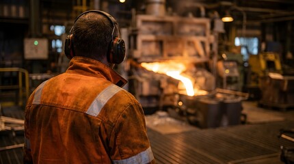 Obraz premium Industrial worker in protective safety gear watches as molten metal is poured in a steel mill foundry
