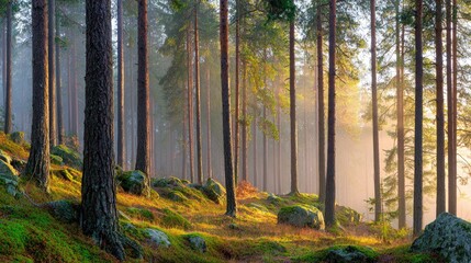 Obraz premium Tall pine trees stand on a mossy slope in misty morning sunlight.