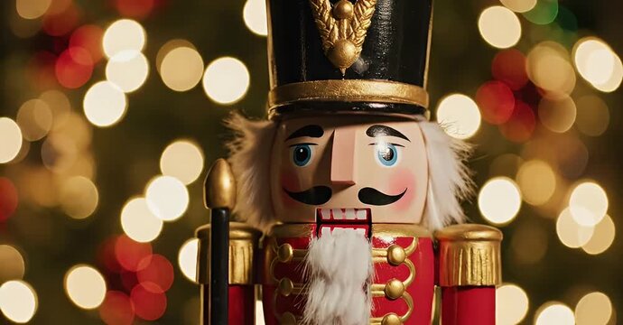 Close-up of a wooden nutcracker with Christmas lights in the background.