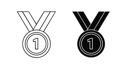 Number one achievement medal outline and solid vector icon set.