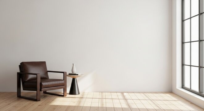 Brown leather armchair with accent table by window; interior rendering in modern setting. Architect at a new luxury apartment. daylight background.