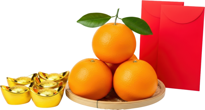 Three ripe oranges are stacked on a woven mat next to a pile of gold ingots and two red envelopes isolate Fruit Lucky Charms Chinese New Year Celebration