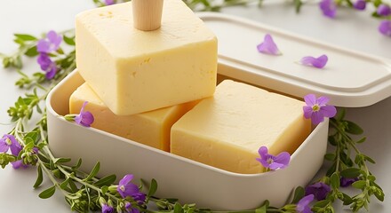 Fresh butter blocks in dish