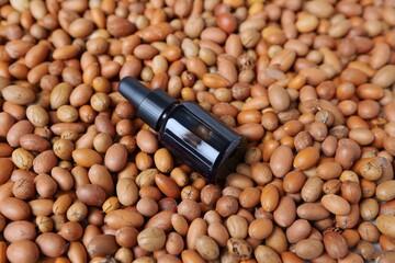 Argan Oil Bottle on Argan Nuts Background