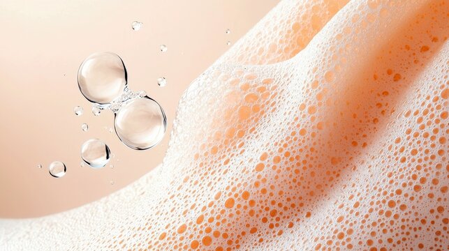A close-up shot of skin covered in luxurious foam, with several water droplets suspended in the air. The lighting is soft and warm, creating a gentle and inviti - Powered by Adobe
