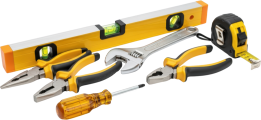 A collection of construction and repair tools including a yellow spirit level adjustable wrench two pairs of pliers measuring tape and a screwdriver isolate