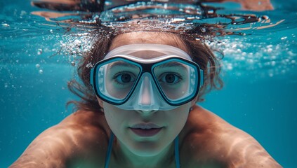 Naklejka premium Goggles and the Azure. A Submerged Portrait of Underwater Exploration, Dreamlike Scenery.