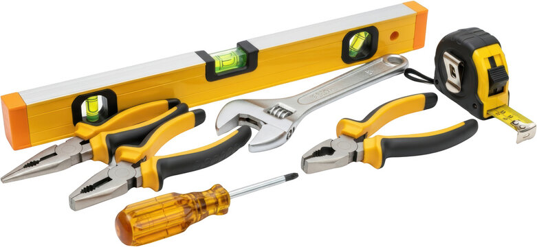 A collection of construction and repair tools including a yellow spirit level adjustable wrench two pairs of pliers measuring tape and a screwdriver isolate