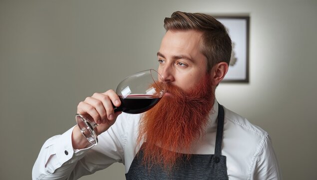 Pensive Man with Red Beard Enjoys a Glass of Dark Red Beverage, Contemplative Moment.