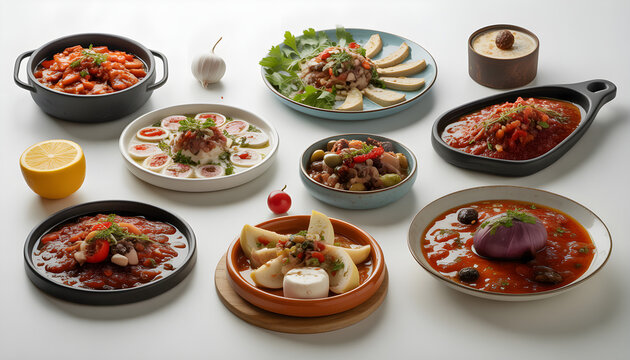 Assorted gourmet dishes beautifully arranged on a white background  