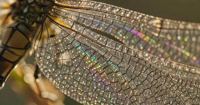 Close-up of a dragonfly wing showing iridescent colors in the sunlight.