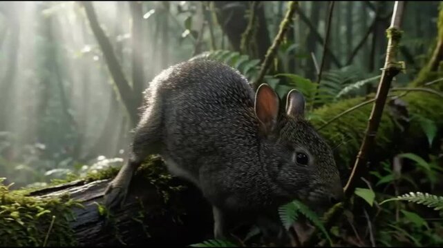 Amami Rabbit searches food in lush sunlit Japanese forest