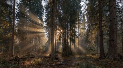 Fototapeta premium Sunlight beams through a misty forest on a calm morning.