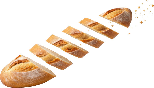 Sliced artisan bread loaf with a crisp crust and soft interior floating in pieces with crumbs isolate sliced bread bakery food baking fresh wheat pastry