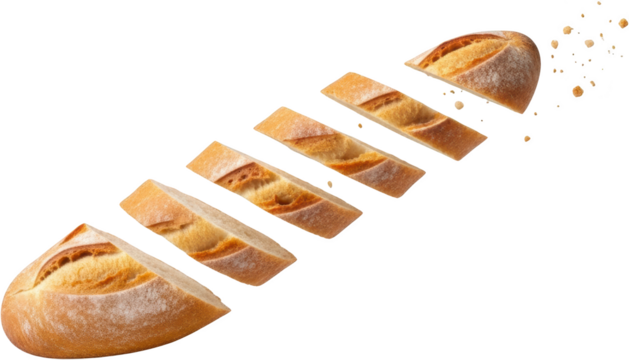 Sliced artisan bread loaf with a crisp crust and soft interior floating in pieces with crumbs isolate sliced bread bakery food baking fresh wheat pastry