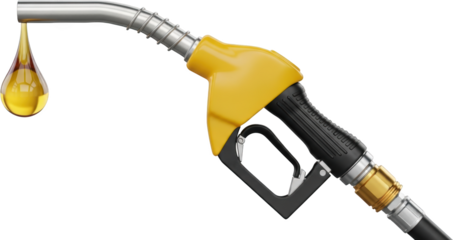 A yellow and black fuel nozzle with a droplet of golden oil suspended from its metal spout isolate gas pump gasoline liquid energy petroleum station drop of oil