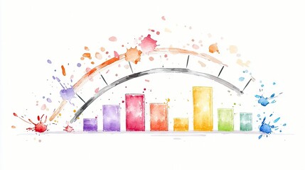 A watercolor illustration of a bar chart with colorful bars and abstract paint splatters, set against a white background.