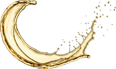 Golden liquid splashing and forming a dynamic arc with droplets scattering outwards isolate fluid water motion transparent background energy abstract creative