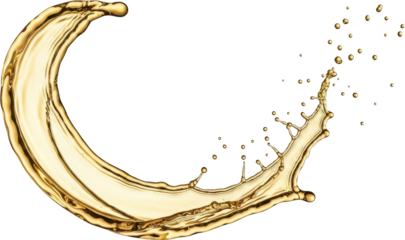 Golden liquid splashing and forming a dynamic arc with droplets scattering outwards isolate fluid water motion transparent background energy abstract creative