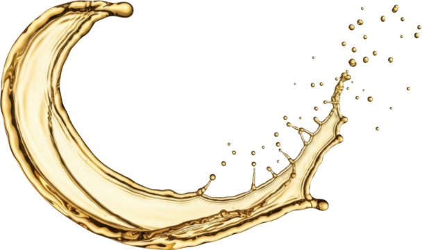 Golden liquid splashing and forming a dynamic arc with droplets scattering outwards isolate fluid water motion transparent background energy abstract creative