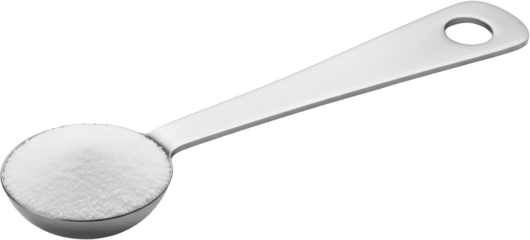 A metal measuring spoon filled with fine white granular powder its handle angled upwards with a hole at the end isolate kitchen transparent background